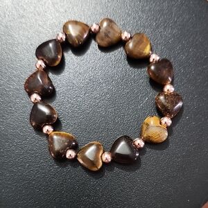 Handmade Heart-Shaped Brown Tiger's Eye and Gold Beaded Bracelet